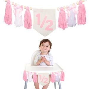 Pink Bow 1/2 Birthday Decorations Girls, Dokuna High Chair Banner Half Birthday Outfit Baby Girl, 6 Months Half Way to One Party Decorations