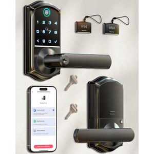 Veise Fingerprint Lock with Handle - APP Control, Smart Keypad Door Lock, Keyless Entry for Front Door, Electronic Digital Knob, Remote Grant, Matte Black