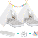 Teepee Tent for Kids Sleepover Party 2 Pack: Inflatable Airbed & Star Lights & Colored Flag - Indoor Outdoor Toddler Play Tent for Girls Boys Birthday Gifts Slumber Party (White)