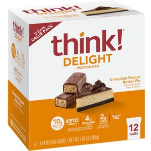 think! Delight Protein Bars, Chocolate Peanut Butter Pie, Low Sugar & Low Carb Gluten-Free Snack, Keto Friendly Snacks, 12 Count, Best By: 20 Jan, 2027