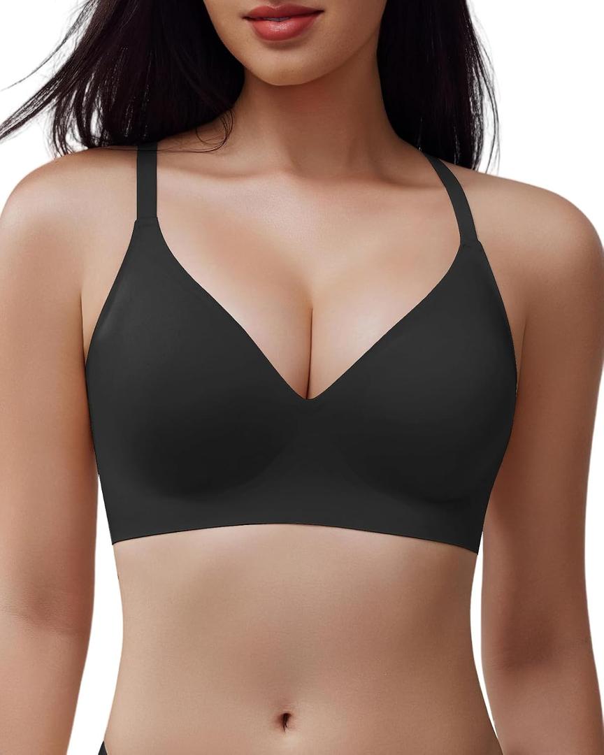 Women's Wireless Seamless T-Shirt Bra, Full Coverage V-Neck Ribbed Comfort, Smooth Back Support (Black, L)
