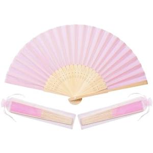 Sepwedd 50pcs pink Imitated Silk Fabric Bamboo Folded Hand Fan Bridal Dancing Props Church Wedding party favors with Organza Bags