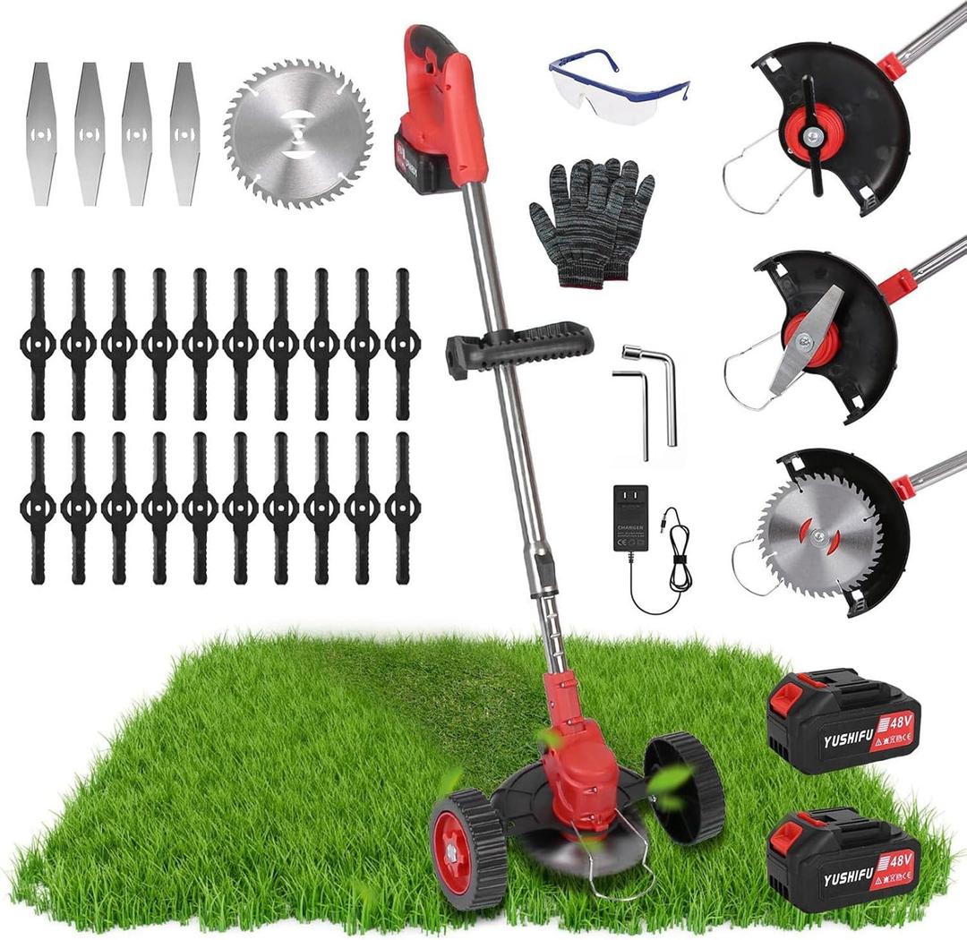 TeqHome Cordless Weed Wacker, Battery Powered Weed Eater 3 in 1 Stringless Grass Trimmer with 3 Types Blades and 2Pcs 2.5 Ah Battery, Adjustable Length for Yard Lawns Garden (25 Blades, Wheels)