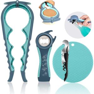 Jar Opener for Weak Hands, Seniors with Arthritis, 5 in 1 Multi Function Bottle Opener Lid Opener For Arthritic Hands with Non Slip Rubber Jar opener Gripper Pad and Corkscrew Wine Opener (BLUE)