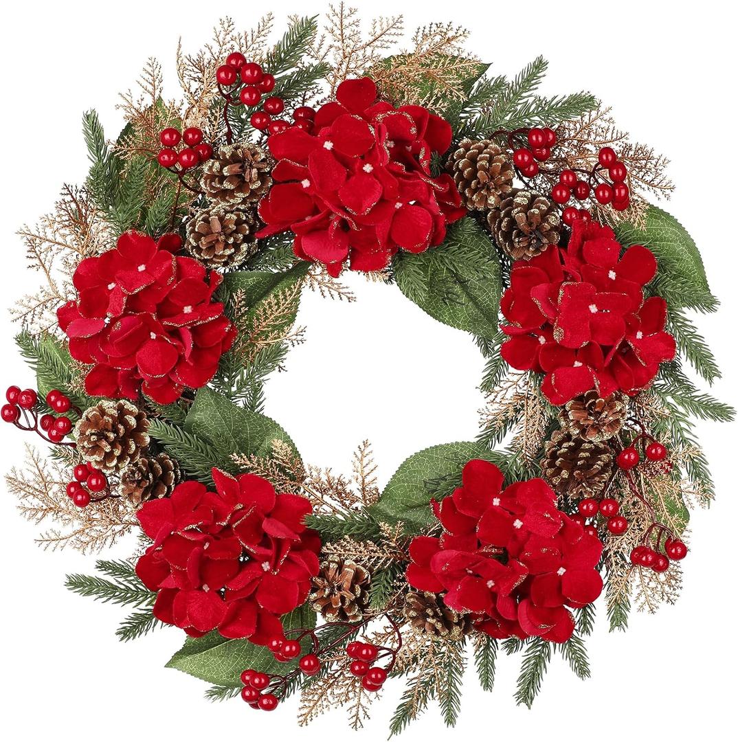 24" Christmas Wreath for Front Door Artificial Hydrangea Flowers Christmas Wreaths with Red Berries Pine Cones Norfolk Pine Cedar Decor for Winter Home Porch Wall Window Indoor Outdoor Xmas Decoration