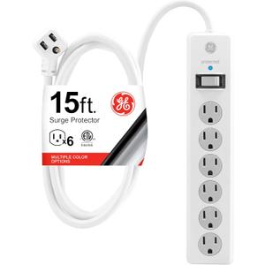 GE 6-Outlet Surge Protector, 15 Ft Extension Cord, Power Strip, 800 Joules, Flat Plug, Twist-to-Close Safety Covers, Protected Indicator Light, UL Listed, White, 50768