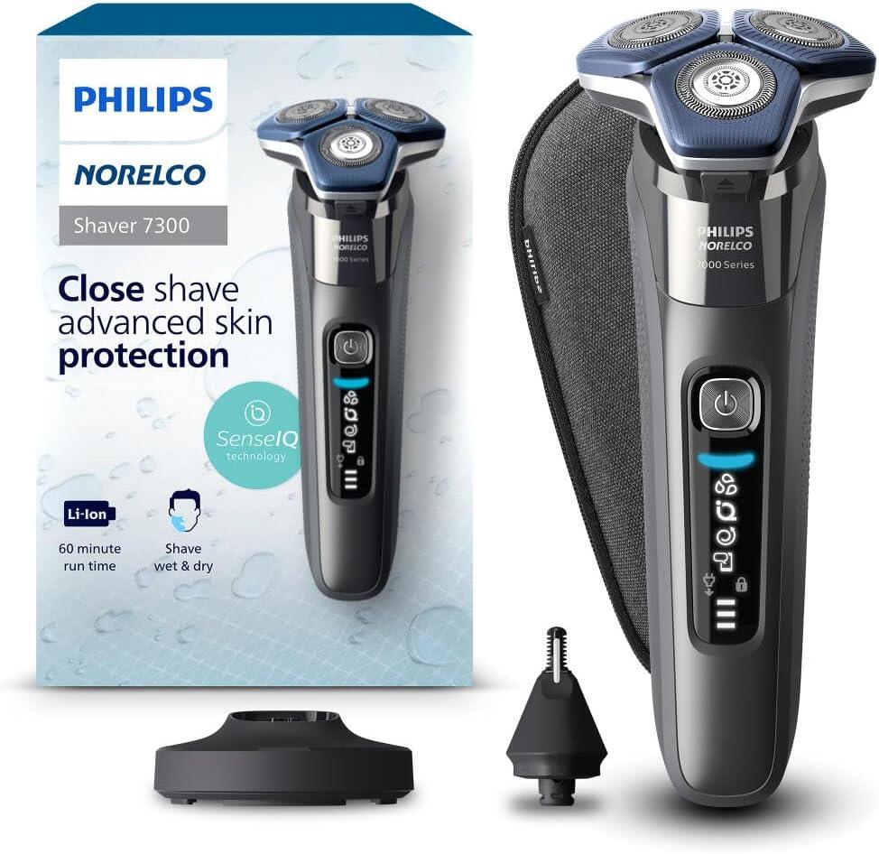 Philips Norelco Shaver 7300, Rechargeable Wet & Dry Electric Shaver with SenseIQ Technology, Pop-up Trimmer, Charging Stand, Click-on Nose Trimmer, & Travel Case, S7887/92 (Shaver 7300 + Charge Stand/Nose Trimmer/Case, Dark Chrome)