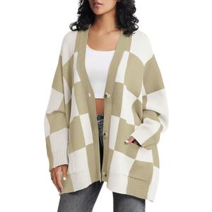Saodimallsu Womens Checkered Sweater Color Block Plaid Oversized Cardigan Long Sleeve V Neck Button Down Knit Coats (Large, Khaki)