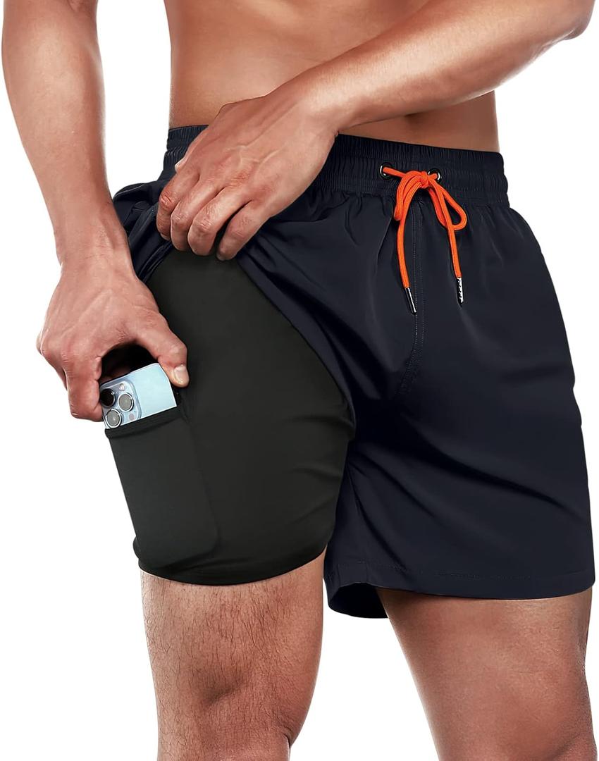 BRISIRA Mens Swim Trunks Swim Shorts Quick Dry 5 inch Inseam Beach Shorts with Compression Liner and Zipper Pocket (40, Navy)
