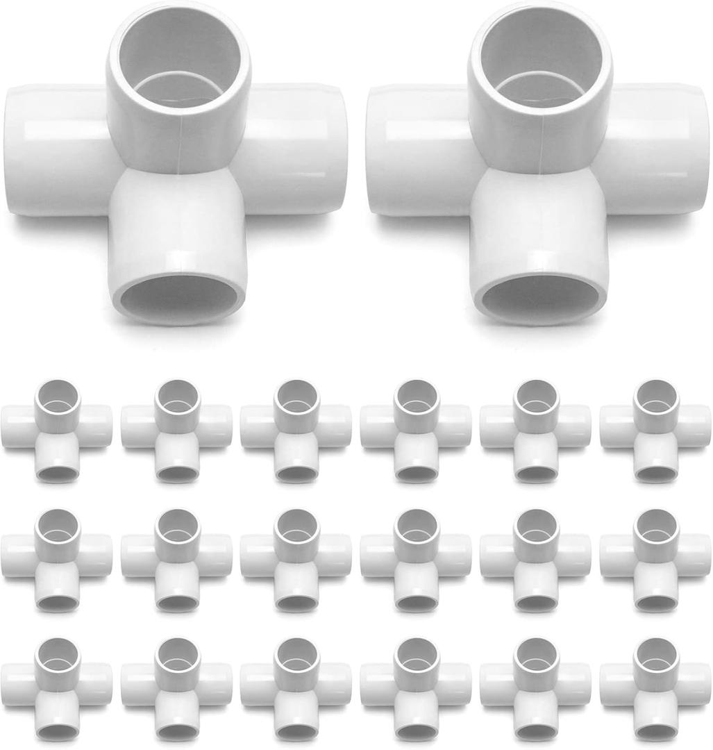QWORK PVC Pipe Fitting, 4 Way 3/4" Tee Elbow, 20 Pack Connector, Furniture Grade, for Building Furniture and Structures, White