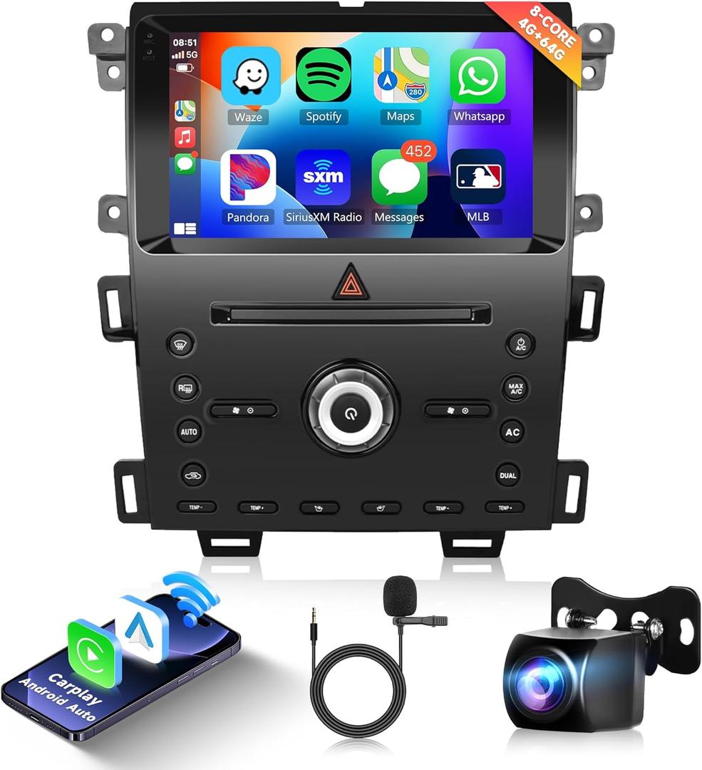 2+64G Android Car Stereo for Ford Edge 2011-2015 with Wireless Carplay Android Auto Car Radio, 9'' Touch Screen Head Unit Mirror Link WiFi GPS Navigation Blutooth FM/RDS EQ AHD Rear Camera SWC