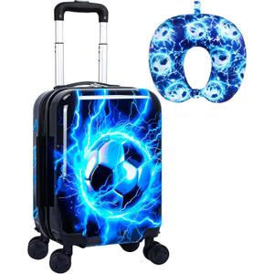 Lightweight Hardshell Spinner Kids Carry On Luggage Set 2PCS with Wheels - Airplane Approved Suitcase for Boys & Children Ages 3-10, Lightning Soccer Rolling Suitcases for Elementary Toddler Travel