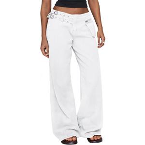 Cicy Bell Womens Low Rise Wide Leg Cargo Jeans with Buckle Detail Multi Pockets 100% Cotton Y2k Baggy Denim Pants, 08