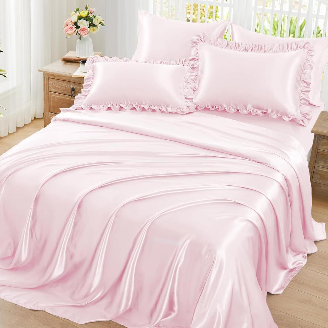Homiest Ruffled Satin Sheets Full Size 6pc Set - Blush Pink Bed Sheet Set with 15 Inch Deep Pocket Fitted Sheet, 1 Flat Sheet, 2 Ruffled Pillow Shams & 2 Pillowcases, Similar to Silk Sheets
