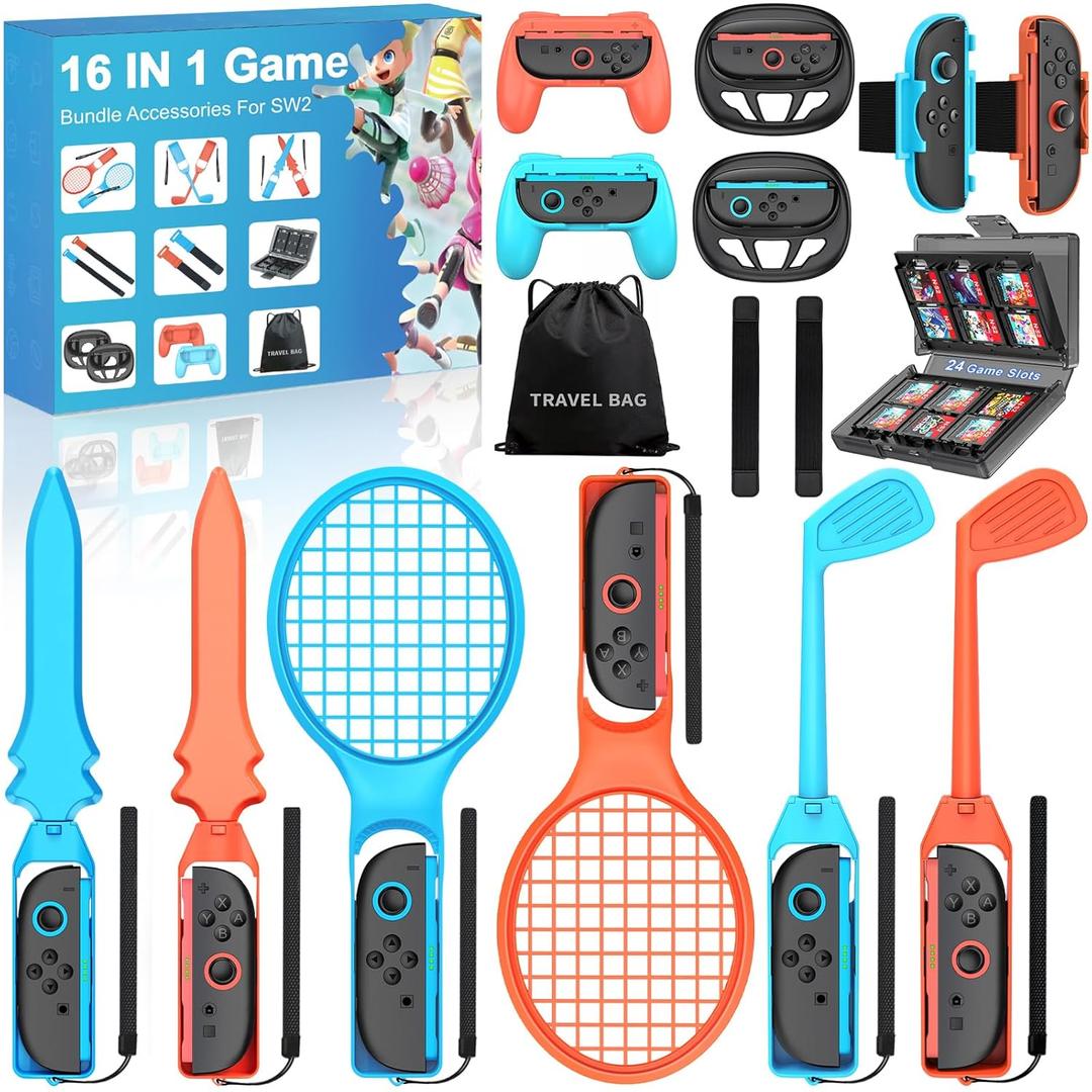 Switch 2 Sports Accessories 16 in 1 Bundle for Nintendo Switch 2, Family Sports Party Pack Accessories Kit with Wheel Grip, Thumb Grip, Game Case and Carrying Bag Compatible with Sports Games