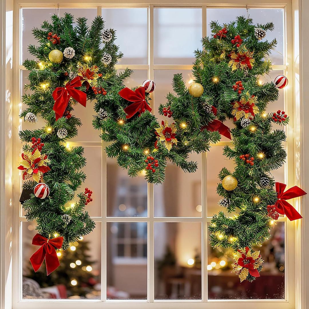 9 FT Pre-Lit Christmas Garland with 50 LED Lights Red Bows Flowers, Indoor Outdoor Lighted Garland for Stairs, Mantle, Door, Fireplace, Banister, Staircase, Holiday Christmas Decor, Battery Operated