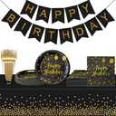 Serves 35 Guests Happy Birthday Paper Plates Party Supplies,7 Inch Black and Gold Happy Birthday Disposable Paper Plates Napkins Forks Tablecloths Banner for Party Decorations