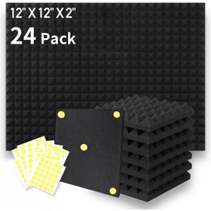 Focusound 24 Packs Acoustic Foam Panels Pyramid 2" X 12" X 12", Soundproofing Foam Noise Cancelling Foam with 120 PCS Double-Side adhesive