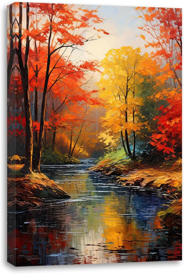 QIXIANG Autumn Canvas Wall Art Fall Lake Pictures Abstract Red Trees Forest Landscape Painting Prints Living Room Decor Framed (Autumn 1, 24.00" x 36.00")