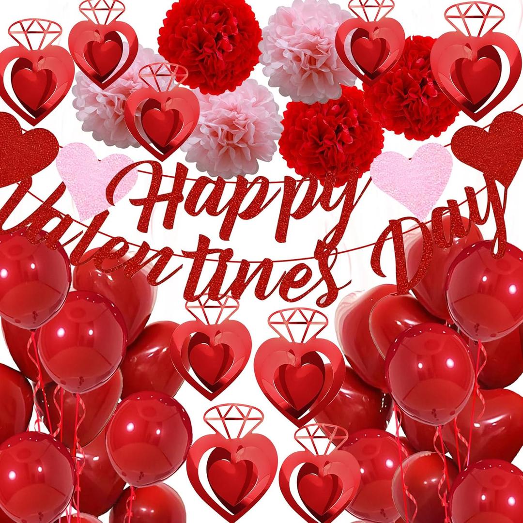 3 x Valentines Day Decorations, Happy Valentines Day Banner and Red Heart Balloons for Valentines Decor with Paper Flowers and Heart Hanging Decor