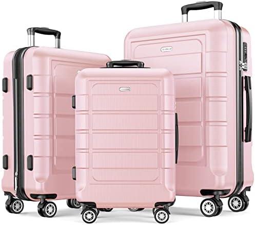 SHOWKOO Luggage Sets Expandable PC+ABS Durable Suitcase Sets Double Wheels TSA Lock Pink 3pcs