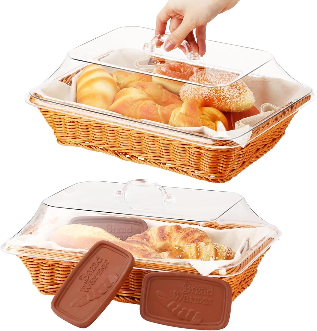 LemonRoad 14 x 10 x 6 Inch Bread Warmer Basket with Stone Sets Includes 1 Linen Towel 2 Bread Basket with Lid 3 Clay Warmer Stones for Winter Daily Camping Food Warming Housewarming Gifts