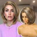 KOME Brown mix Blonde Synthetic Lace Front Wig,Side Part Short Layered Straight Glueless Bob Wig for White Women Daily Use 10IN (#F8/27/88)