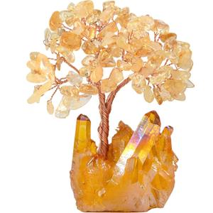 Natural Citrine Crystal Tree of Life,Quartz Cluster Yellow Titanium Base, Positive Energy Feng Shui Bonsai Money Tree Office Desk Home Decor for Wealth and Luck