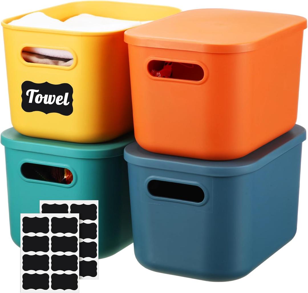 Tanlade 8 Pcs Plastic Storage Bins Stackable Baskets with Lid and Handle Colorful Desktop Storage Box Cubby Containers for Shelf Bedroom Office, Include 1 Erasable Marker, 16 Stickers (10 x 7 x 6 In)