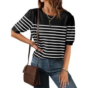 ZESICA Women's Casual Striped Tops Short Sleeve Crew Neck Ribbed Knit T Shirts Comfy Loose Basic Pullover Sweater (Black)