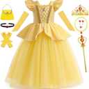 Luzlen Belle Costume for Girls Yellow Princess Dress up Halloween Birthday Party Cosplay Outfits with Accessories, Size 140