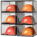 6 Pack Hat Organizer Box, Stackable Clear Baseball Caps Holder Box Containers with Magnetic Door for Hats Snapback Cap Storag, Hat Rack Display Case, Holds 8 Hats Each (Black)