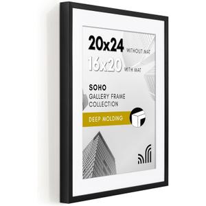 Americanflat 20x24 Picture Frame with Polished Plexiglass - Use as 16x20 Frame with Mat or Display 20x24 Photo Without Mat - Soho Collection - Deep Molding Picture Frames for Wall Display - Black