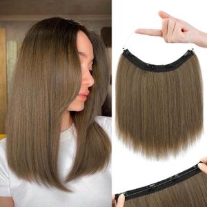 REECHO 12" Invisible Wire Hair Extensions with Thinner Softer Lace Weft Adjustable Size Removable Secure Clips in Short Straight Secret Hairpiece for Women - Light Ash Brown with Highlights (12 Inch (Pack of 1))