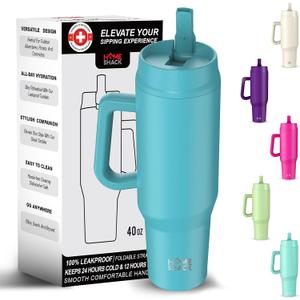 40 oz Tumbler with Handle and Foldable Straw Lid - Leakproof Insulated Stainless Steel Water Bottle - Hot & Cold Beverage Travel Mug - Reusable Iced Coffee Cup - Cupholder Friendly - Gift (Blue)