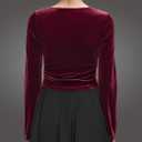 Long Sleeve Velvet Tops for Women, Ruched Crop Top Boat Neck Bell Sleeve Slim Fitted Shirt (Small, Winered)