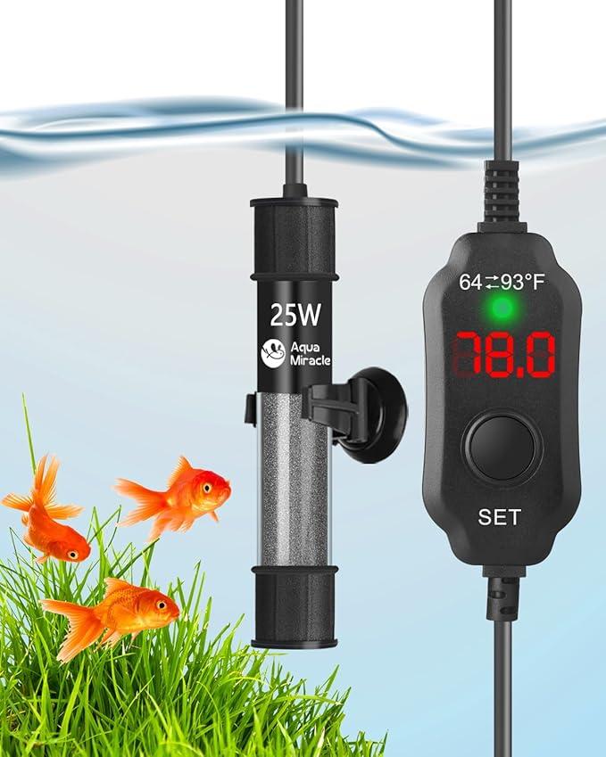 AquaMiracle Adjustable 25W Aquarium Heater Submersible Fish Tank Heater Super Short Aquarium Heater with LED Digital Display Thermostat, for Tanks 3-5 Gallons