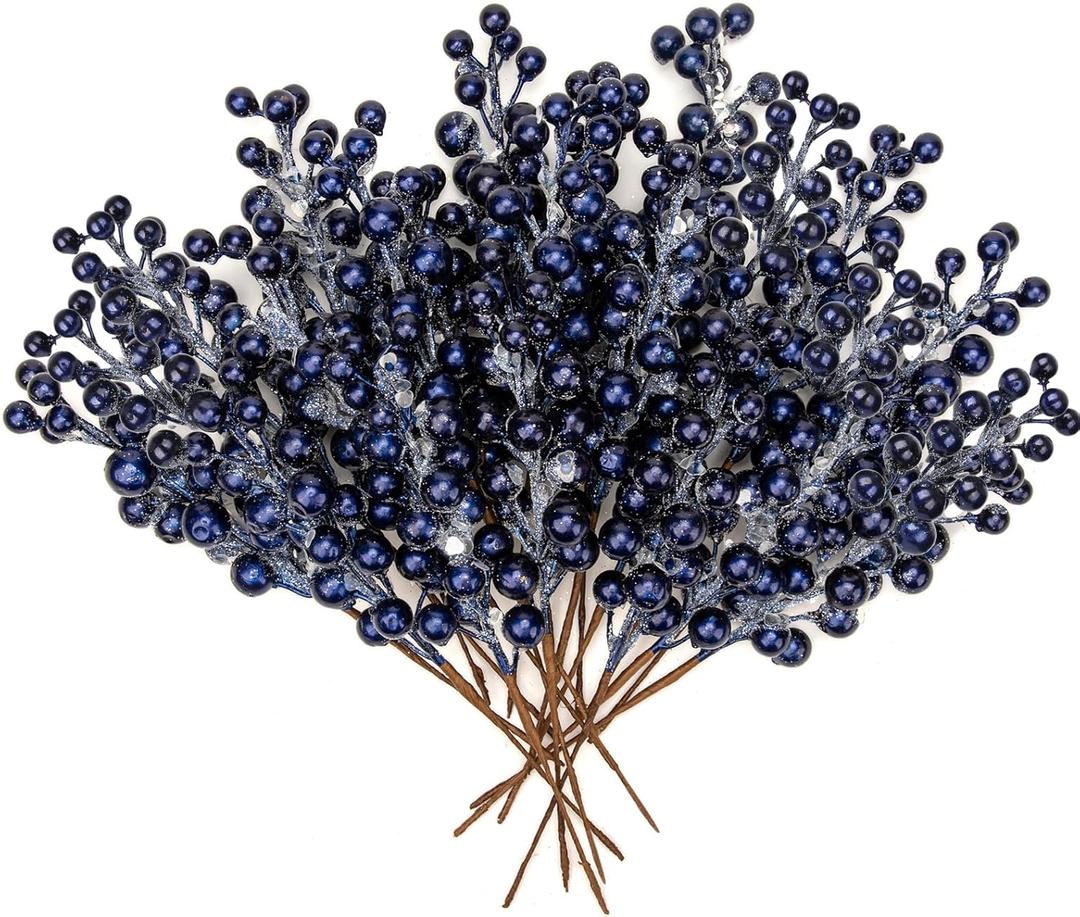 Briful 20 PCS Artificial Christmas Berry Picks, 8.7" Faux Berry Stems Spray with Glitter Paillette for DIY Crafts Wreath Garland Party Christmas Ornaments Dcor (Small-blue)