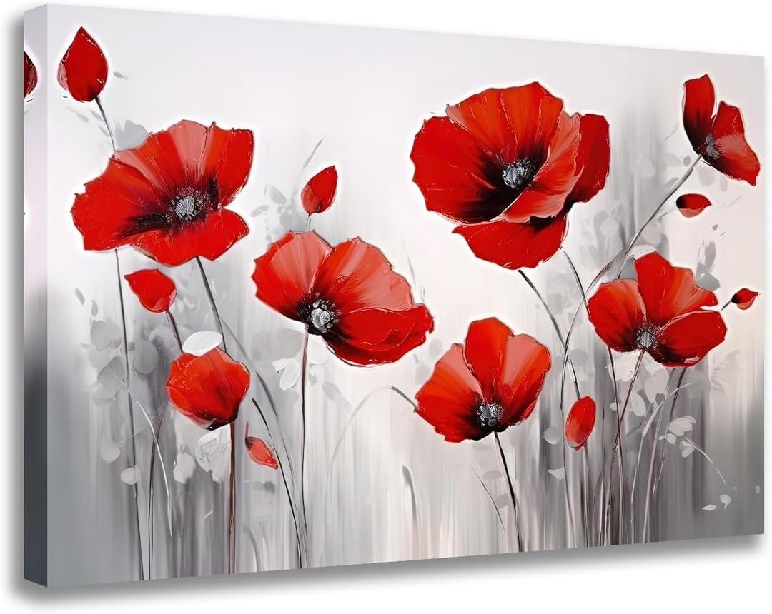 GLOKAK Red Poppies Wall Art - Modern Floral Red Poppy Flower on Grey Background Painting Poster Canvas Print Artwork For Home Bathroom Bedroom Decoration (24"x16")