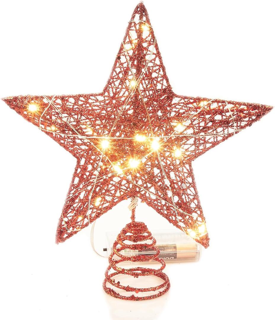 Emopeak 20 LED Christmas Tree Topper, 8 x 10 Inch Indoor Iron Art Star Treetop Light, Two Modes (Keep Light ON/Flash) (Red, 8"/20CM)