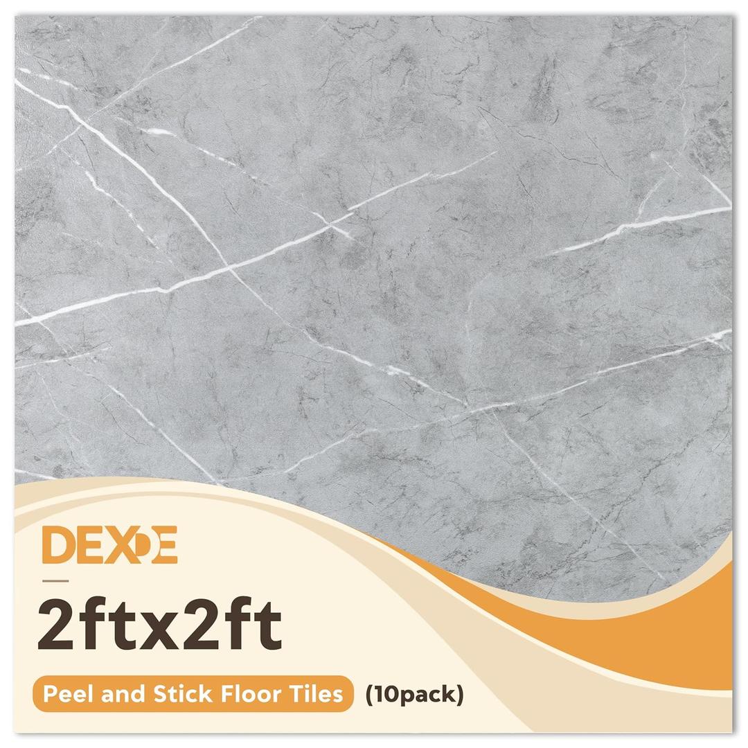 DEXDE Peel and Stick Floor Tile Grey Marble Waterproof Vinyl 2FTx2FT 10 PC