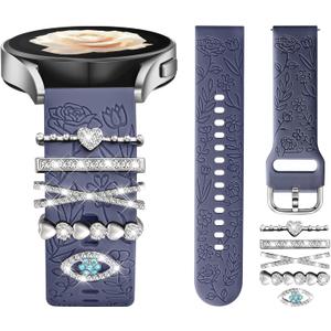 DaQin Flower Engraved Band Compatible with Samsung Galaxy Watch 7 Band/FE 6 5 4 40mm 44mm,Galaxy Active 2, 20mm Watch Band Soft Silicone Replacement Strap with Decorative Charms Accessories Women