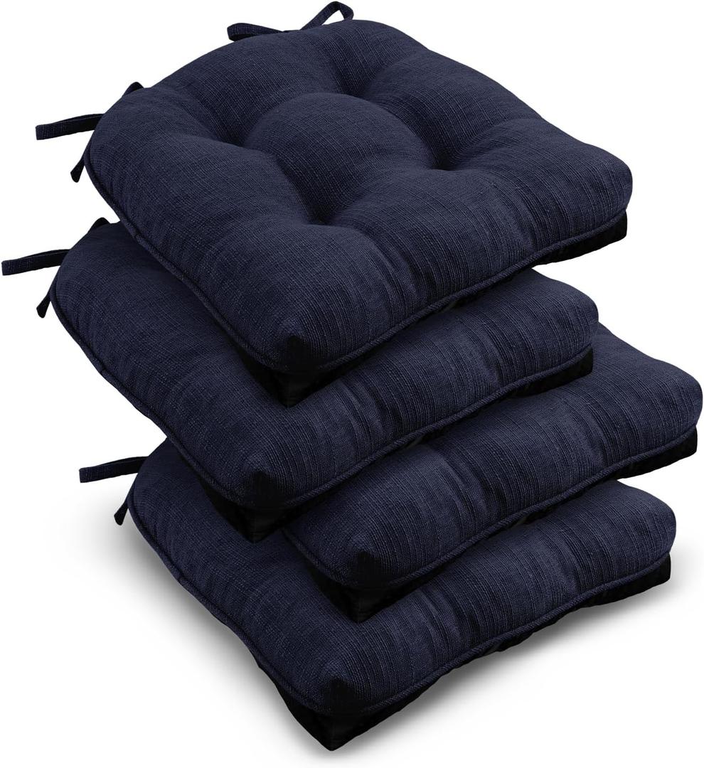 downluxe Indoor Chair Cushions for Dining Chairs, Tufted Overstuffed Textured Kitchen Chair Pads with Ties and Non-Slip Backing, 16.5" x 16.5" x 4", Navy, 4 Pack
