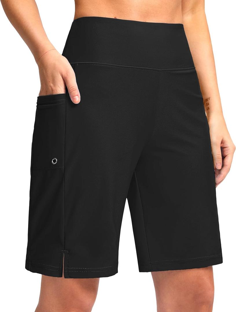 G Gradual Women's 9" Long Swim Board Shorts with Pockets High Waisted Knee Length Beach Swimming Shorts for Women with Liner (Medium, Black)
