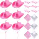 Coume 18 Pcs Cowboy Hat with Heart Sunglasses and Paisley Bandanas Western Cowgirl Hat for Halloween Cosplay Costume Adults(Pink, White,Simple Style)