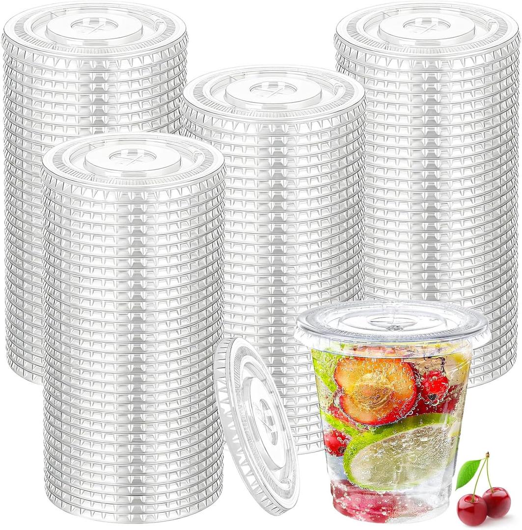 200 Pcs Plastic Lids Disposable Clear Flat Cup Lids with Straw Slot Fit for 12 Oz, 16 Oz, 20 Oz and 24 Oz Cups for Coffee Cold Drinks Milkshake Ice Cream Party (PET)