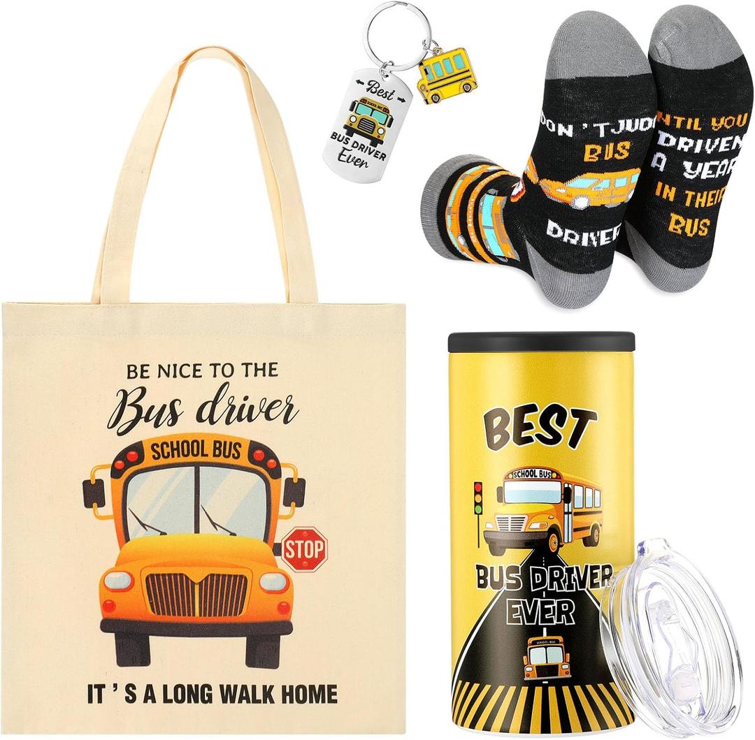 4 Pcs School Bus Driver Gifts Appreciation Gifts for Women Men 12 oz Stainless Steel Bus Driver Tumbler and Lids Funny Canvas Bag Keychain Socks(Black Gray,Normal Tumbler)