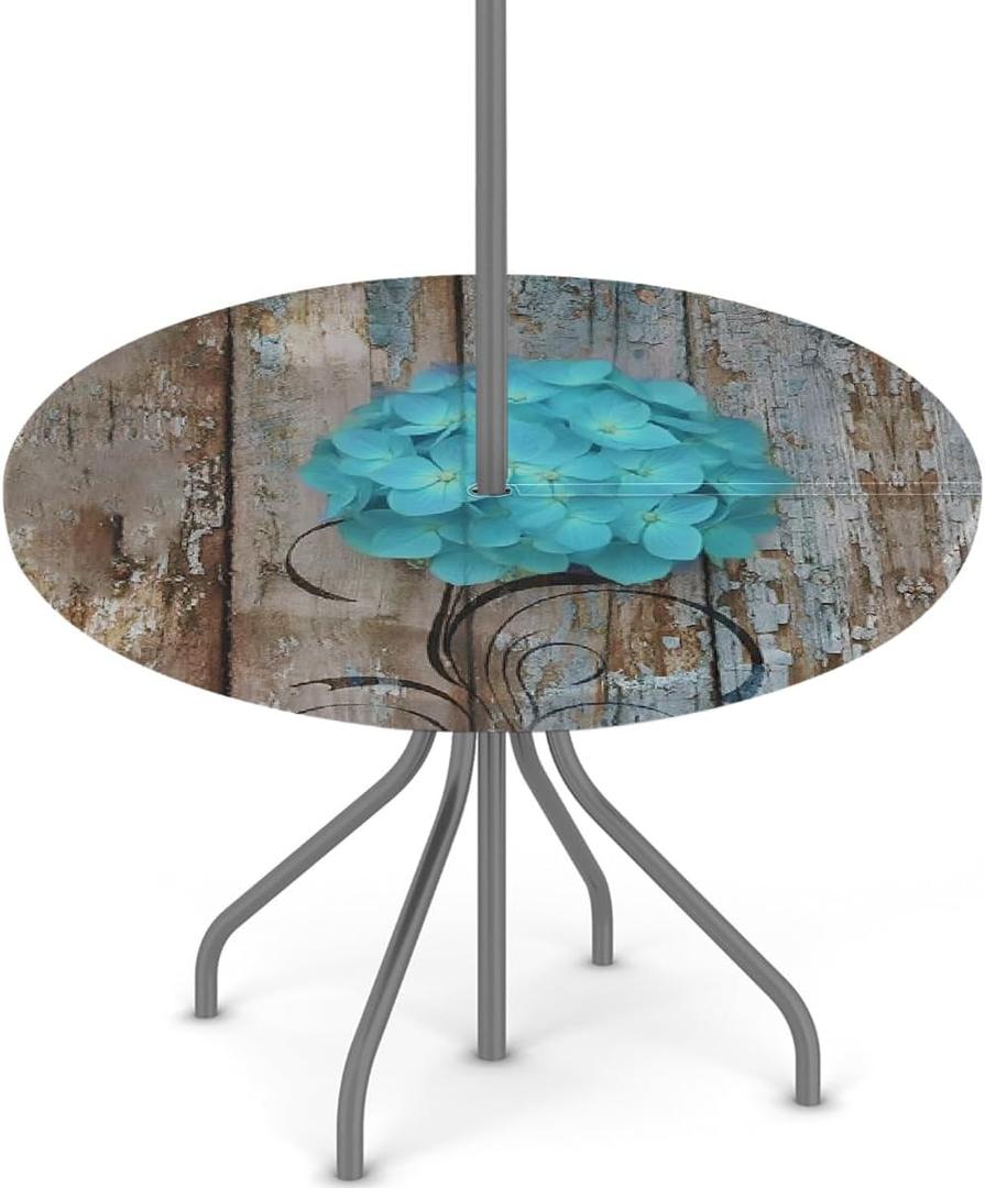 Wood Round Outdoor Tablecloths with Umbrella Hole Floral Circle Fitted Table Cloth with Elastic Zippered Tablecloth 36"-44" Waterproof Umbrella Table Cloth Round Elastic Table Cover for Patio
