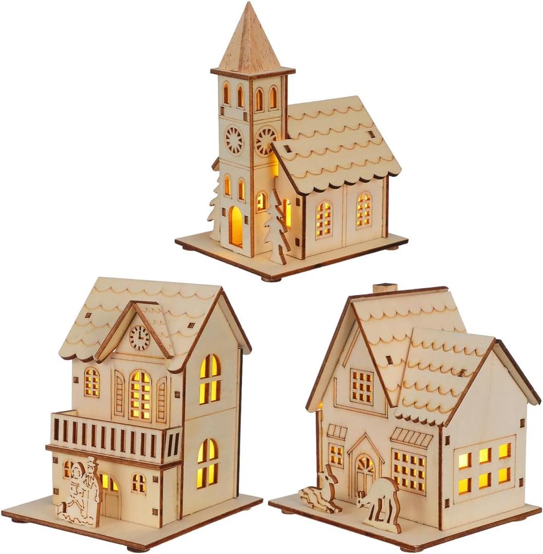 3pcs Christmas Wood Village Christmas Luminous Wooden House LED Luminous House for Christmas Glowing Adornments