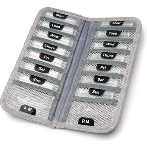 AM/PM Bi-Folding Pill Organizer + Supplement Case for OTC Medicine, Prescription + Vitamins - 14 Labeled Monday-Sunday Slide Lock Pouches, Grey Travel Pill Case